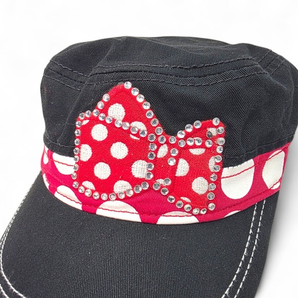 Disney Parks Black Cadet Cap Red Polka Dot Bow Rhinestone Accent Adjustable Hat - Picture 2 of 9